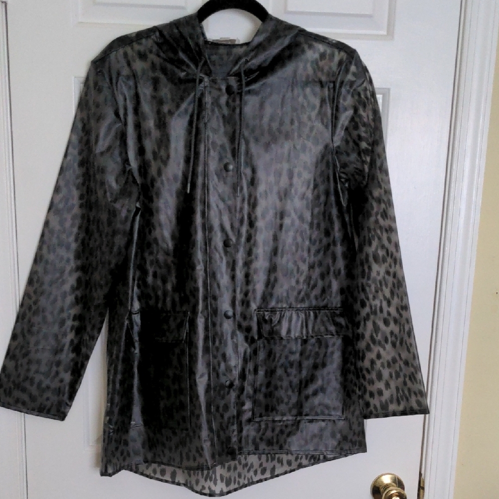 LOFT Hooded Black and Gray Trench Raincoat with Zip/Snap Closure